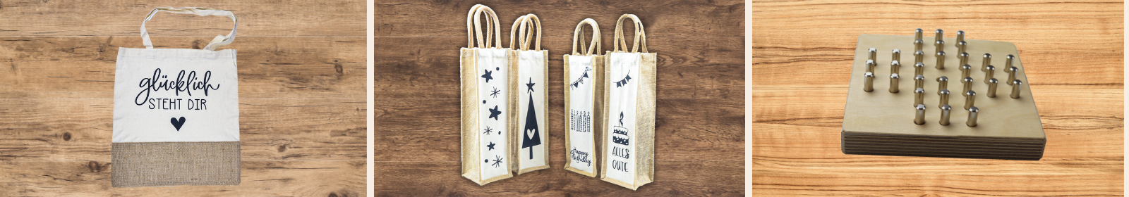 Auswahl aus 3 verschiedenen Artikeln der Kategorie Geschenke, eine Tasche aus Leinen, ein Holzspiel Typ Halma und 4 verschiedene Weinflaschentaschen